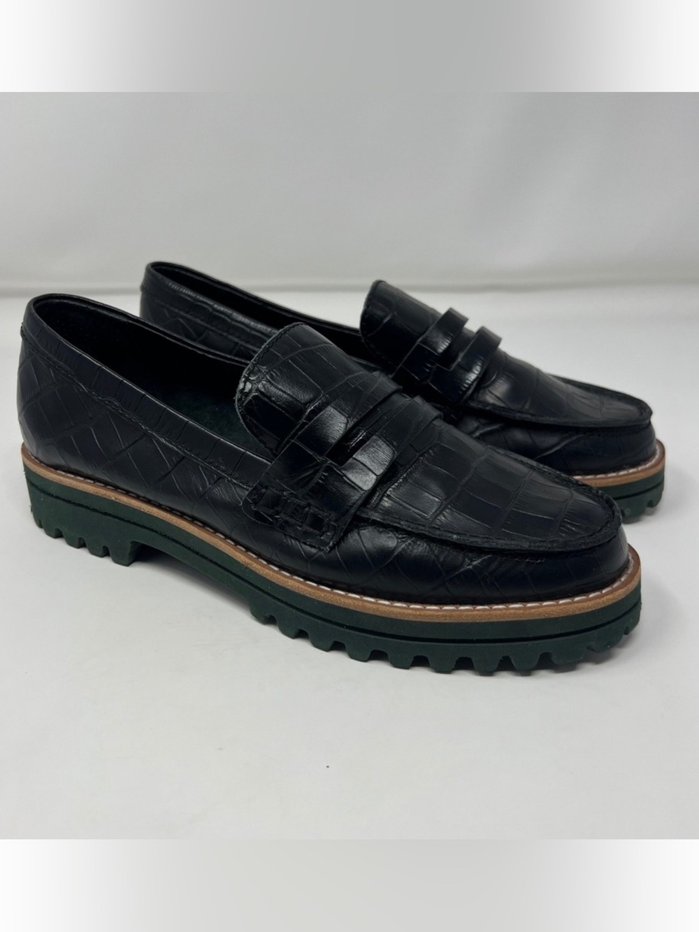 Dolce Vita Black Croc-Embossed Leather Penny Loafers with Green Lug Sole